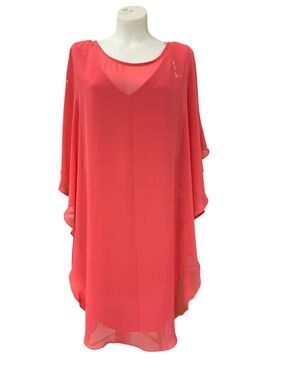 connected apparel Coral-Red Chiffon Poncho Dress Size L